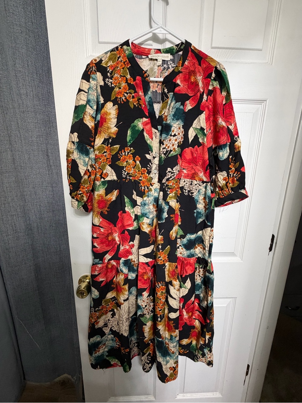 Figueroa + Flower Floral Printed dress- Black with Red & Green Accents
